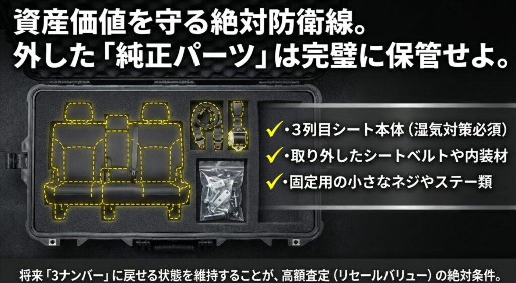 3列目シートやシートベルト、固定ネジなど3ナンバー復帰に必要なパーツの保管リスト