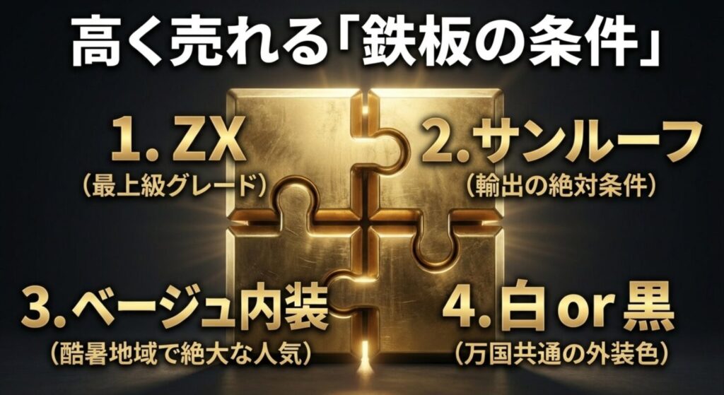 ZXグレード、サンルーフ、ベージュ内装、白・黒の外装色など、輸出市場で高評価を受ける仕様のまとめ