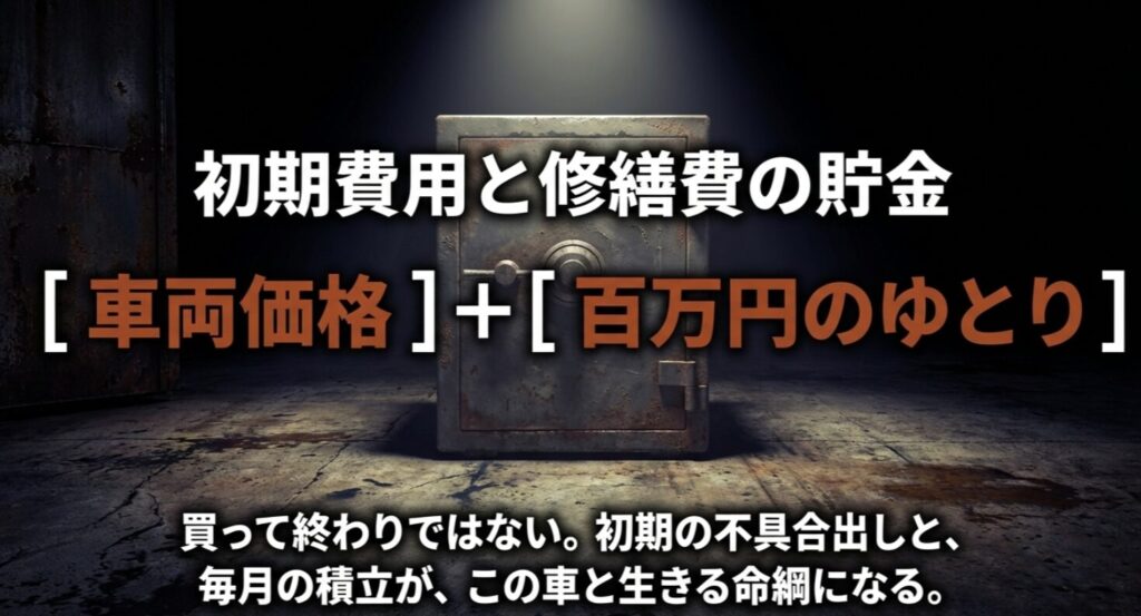 ランクル40購入時に車両価格以外に100万円の予備費と毎月の積立が必要であることを示すスライド