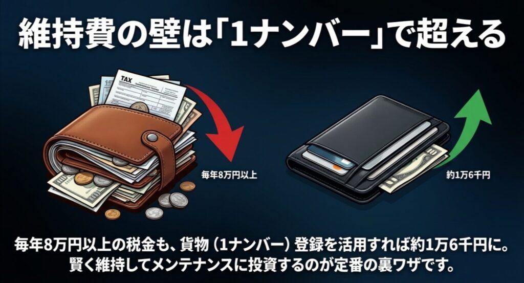 毎年8万円以上の自動車税を、貨物登録（1ナンバー）で約1万6千円に抑える節約術のイメージ
