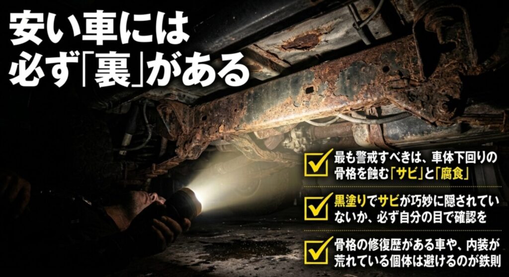中古ランドクルーザー100選びで最も警戒すべき下回りのサビ・腐食や、黒塗りで隠された修復歴の確認方法を説明する画像