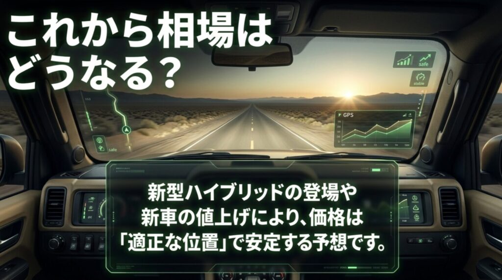 新型ハイブリッドの登場や新車価格改定により、今後価格が適正な位置で安定することを示す予測スライド