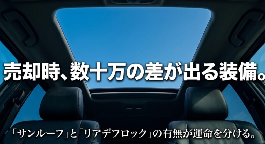 売却価格に数十万円の差が出る人気装備、サンルーフとリアデフロックの重要性を示すスライド