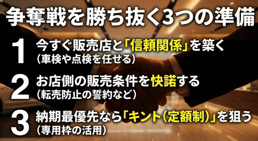 販売店との信頼関係構築や販売条件の確認、KINTOの活用など購入成功のための準備をまとめたスライド画像