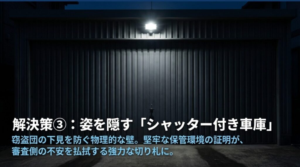 窃盗団の下見を防ぎ、審査側の不安を払拭するシャッター付き車庫による保管環境のメリット