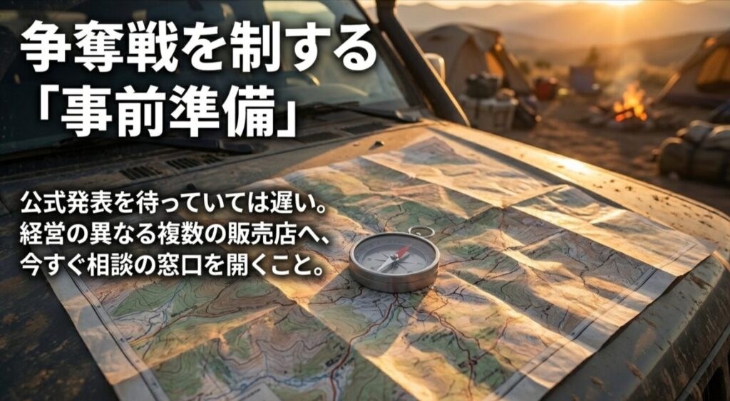 公式発表を待たず、経営の異なる複数の販売店へ相談すべきことを伝える戦略スライド。