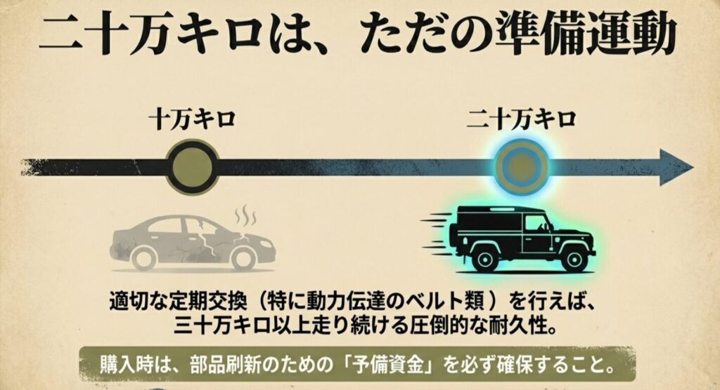 適切なベルト類交換で30万キロ以上走行可能な耐久性と、購入時に部品刷新のための予備資金を確保することを推奨するスライド。