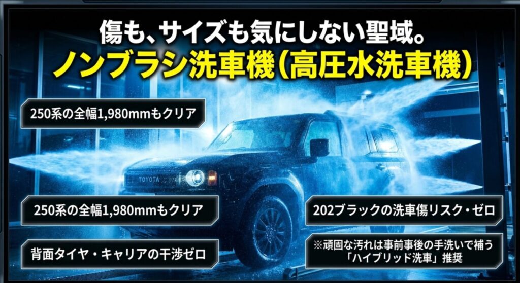 250系の全幅1,980mmもクリアし202ブラックの洗車傷を防ぐノンブラシ洗車機の聖域