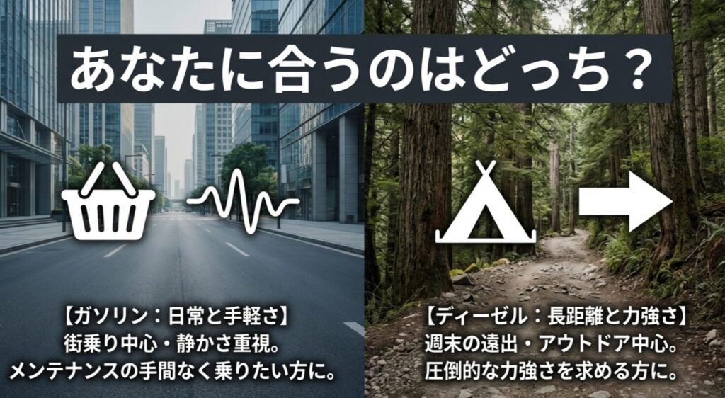 ユーザーの生活スタイルに合わせたガソリン車とディーゼル車の最適な選び方の比較表