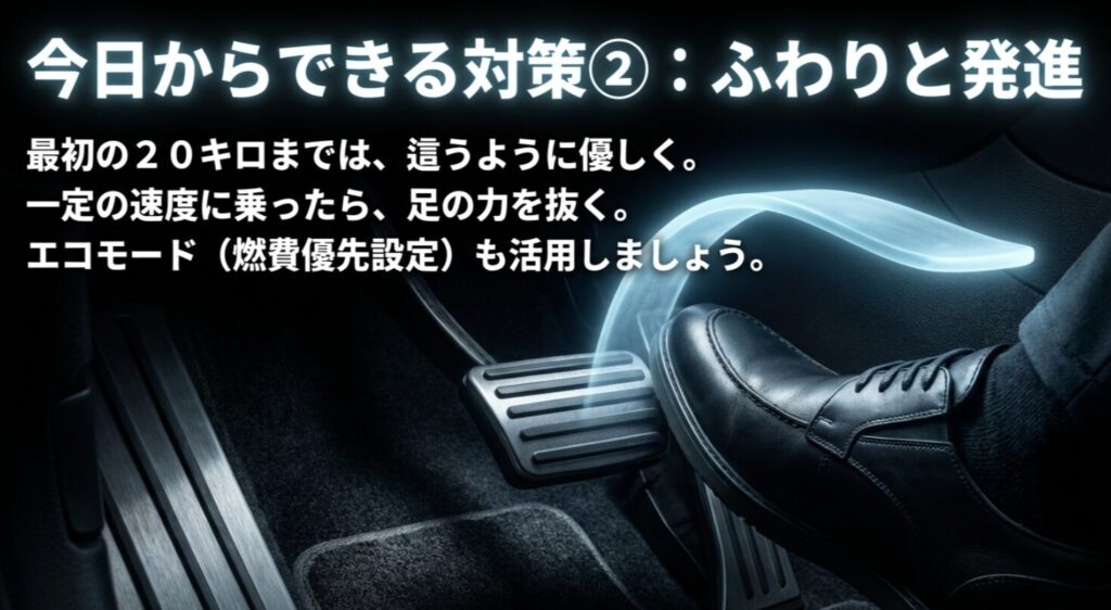 時速20キロまでの優しい発進と一定速度でのアクセルオフ、エコモードの活用を推奨するスライド