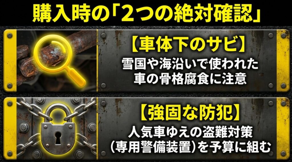 車体下のサビ確認と強固な防犯対策の必要性をまとめた購入時注意点スライド