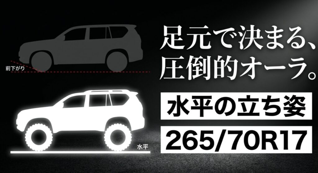 プラド150系の純正の前下がり姿勢と、リフトアップによる水平姿勢の立ち姿を比較した解説画像