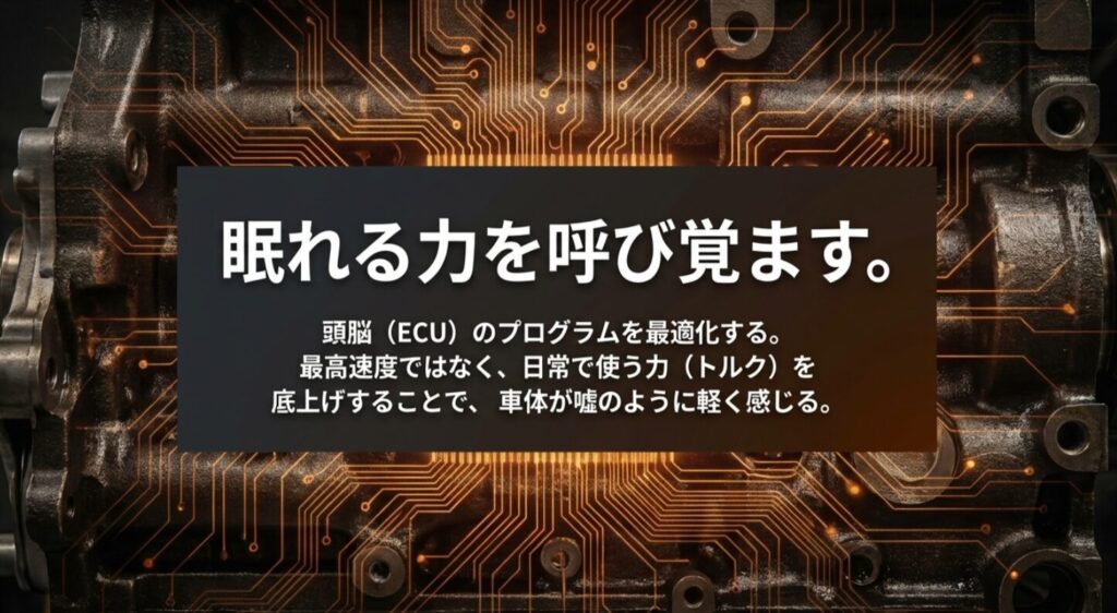 ECUプログラムを書き換えて常用域のトルクを底上げし、車体を軽く感じさせるチューニングのメリット紹介 。