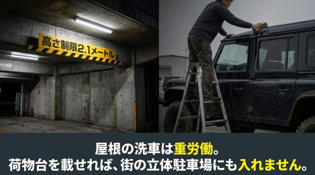 屋根の洗車の重労働さとルーフキャリア装着時の2.1m高さ制限に関する注意スライド