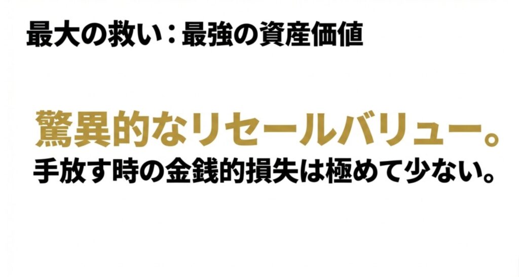 「最大の救い：最強の資産価値。驚異的なリセールバリュー。手放す時の金銭的損失は極めて少ない。」という資産価値に関するスライド画像