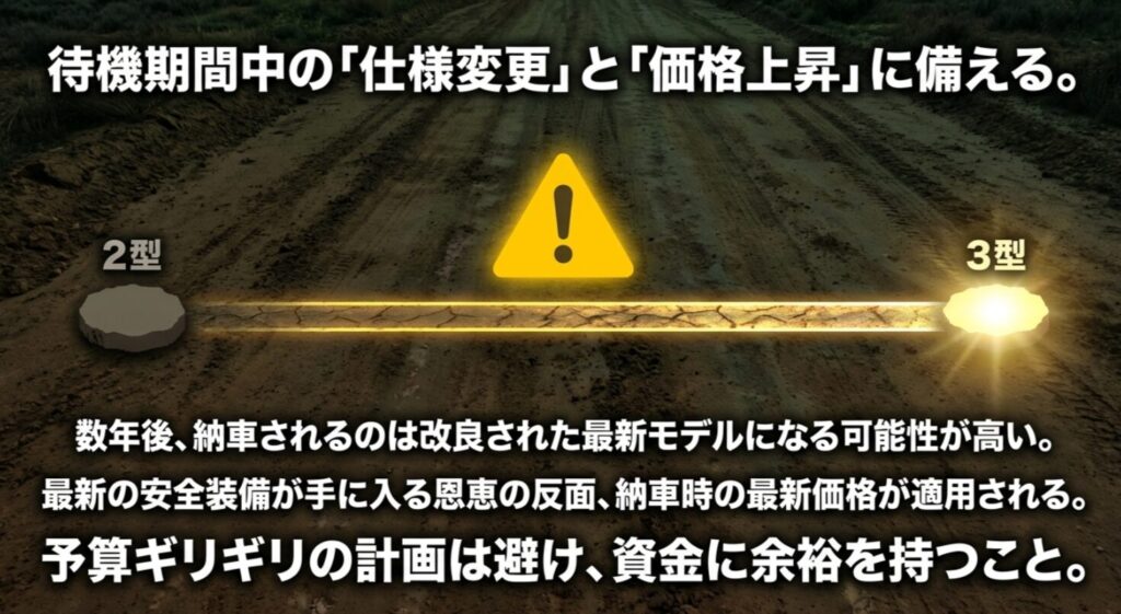 納車待ちの間に2型から3型へ仕様変更される可能性と、それに伴う価格上昇に備える必要性を説明したスライド 。