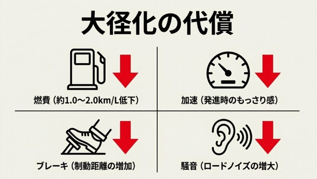 燃費の$1.0 \sim 2.0km/L$低下、加速のもっさり感、制動距離の増加、ロードノイズ増大の4つの副作用まとめ。