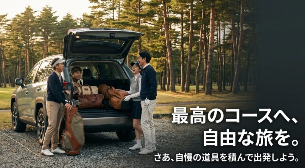 「最高のコースへ、自由な旅を」というメッセージとジムニーノマドの出発イメージスライド
