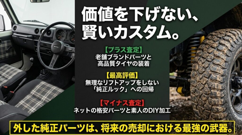 プラス査定になる老舗パーツ、最高評価の純正ルック、マイナス査定になる格安パーツやDIY加工を比較したカスタム戦略図 。