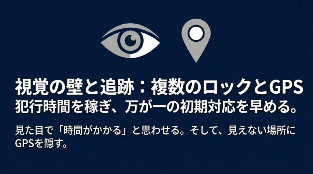 複数のロックによる視覚的抑止とGPSトラッカーによる車両追跡の図解