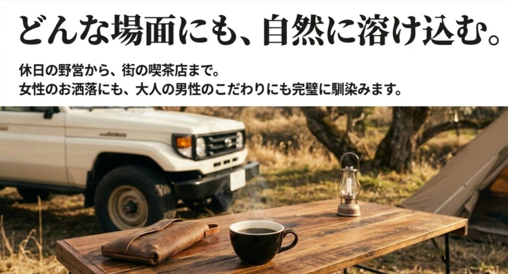 野営から喫茶店まで男女問わずあらゆる場面に馴染むアイボリーの利用シーンイメージスライド