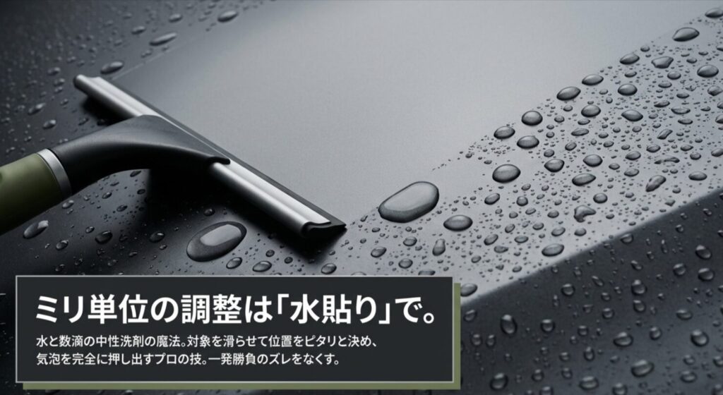 水と中性洗剤を使用してステッカーを滑らせ、位置をピタリと決めて気泡を押し出す「水貼り」の施工手順。