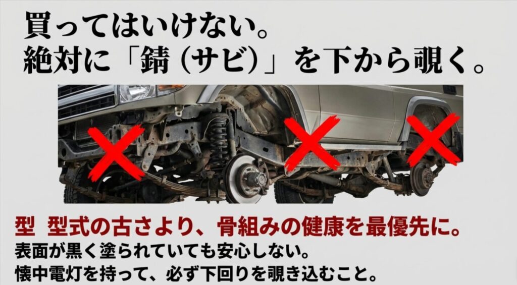 ジムニーJB23の骨組みの健康状態を確認するため、下回りを覗き込んでチェックすべき錆（サビ）の要注意箇所