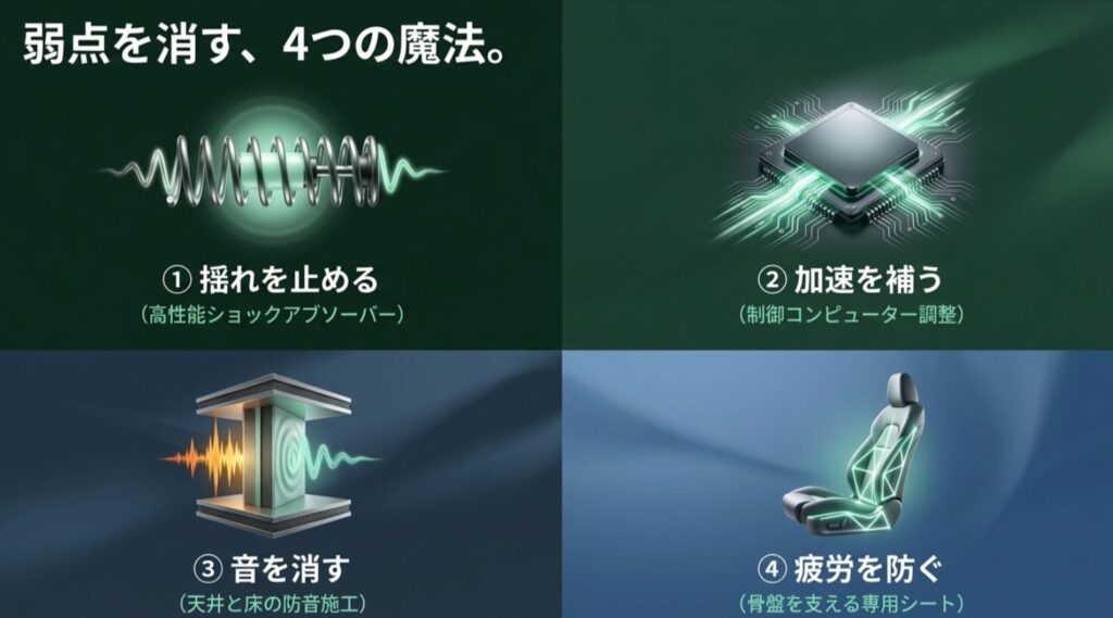 ショックアブソーバー、ECU調整、防音施工、専用シートの4つの解決策をまとめたイメージ画像