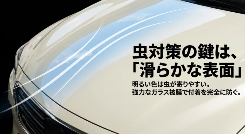 明るい色に寄りやすい虫を、強力なガラス被膜による滑らかな表面で防ぐ対策を説明するスライド