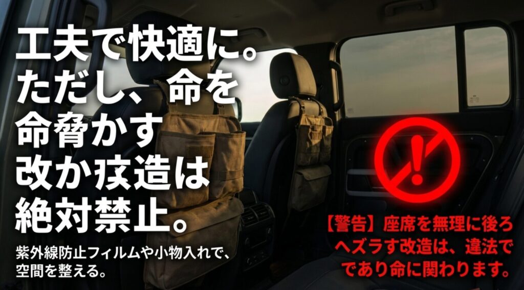 座席のスライド改造などの違法・危険な行為を禁止し、フィルムや小物で整えることを推奨するスライド