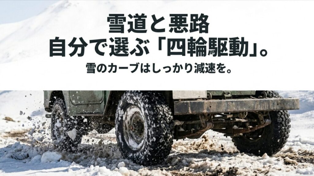 道での四輪駆動の選び方とカーブでの減速の重要性を解説したイメージスライド