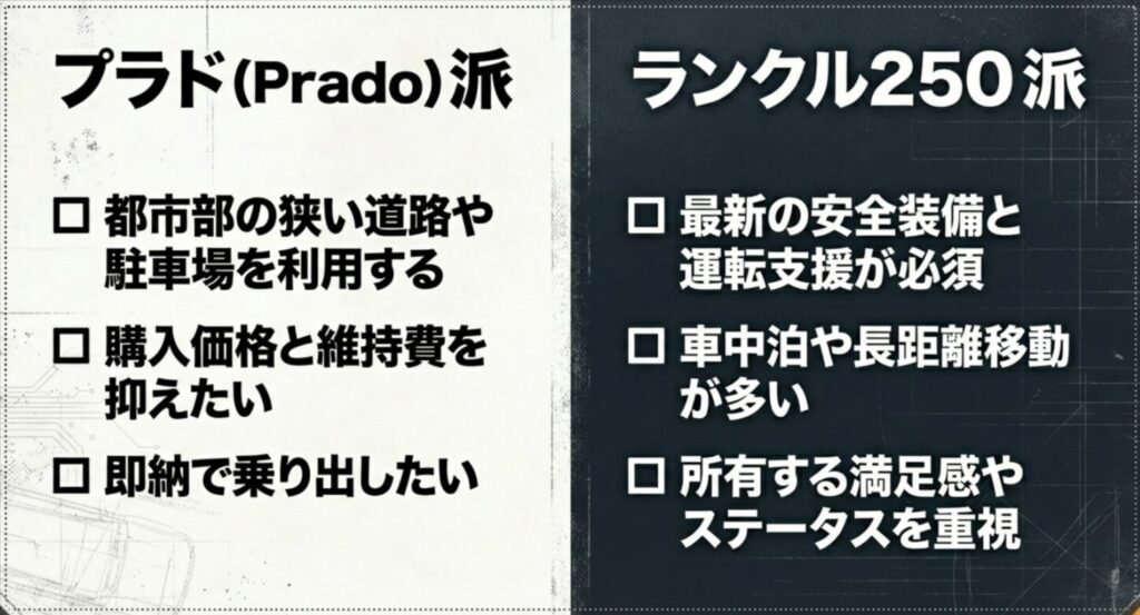 都市部利用や即納重視のプラド派と、最新装備や車中泊重視のランクル250派を分けるチェックリスト 。