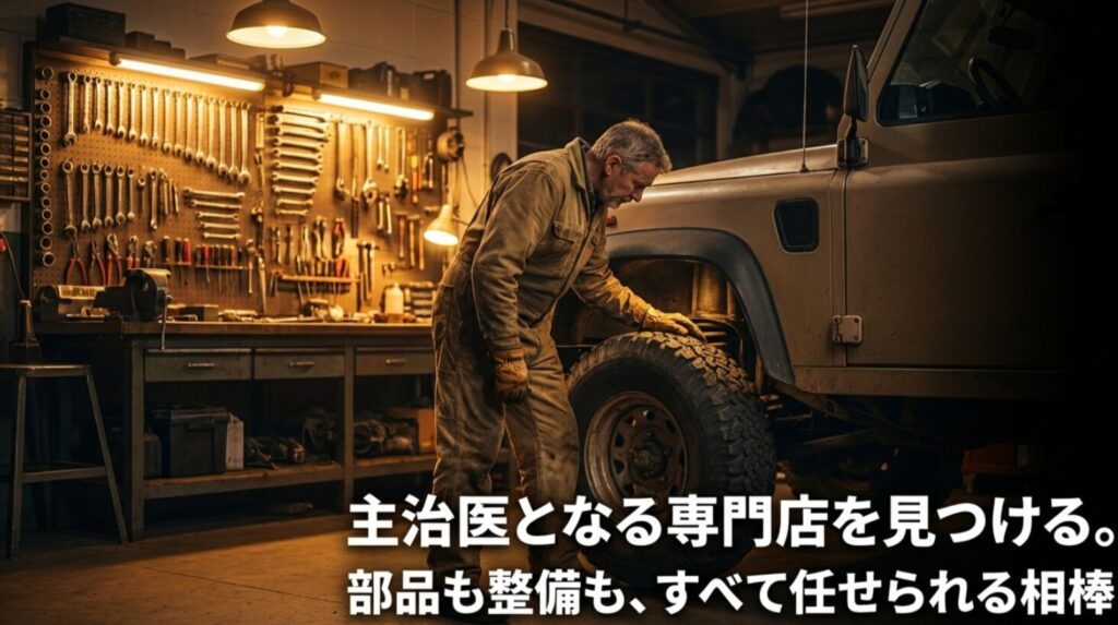 ランクル70逆輸入車のメンテナンスに欠かせない専門店の重要性を説く画像。部品も整備も任せられる相棒というテキスト。