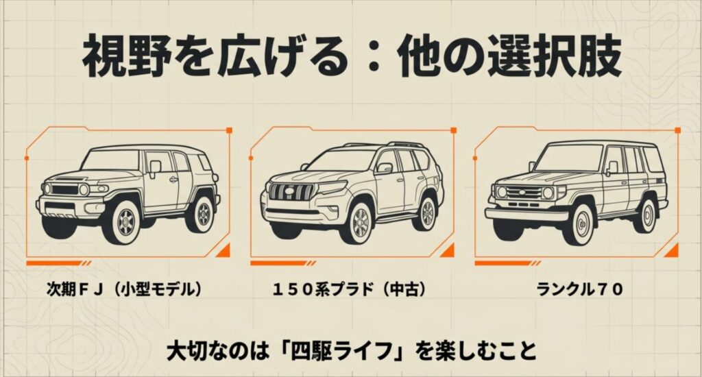 次期FJ、150系プラド、ランクル70など四駆ライフを楽しむための他の選択肢紹介スライド