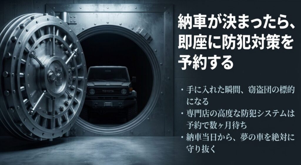 窃盗団から愛車を守るため、納車前から防犯システムの予約が必要であることを促すスライド 。