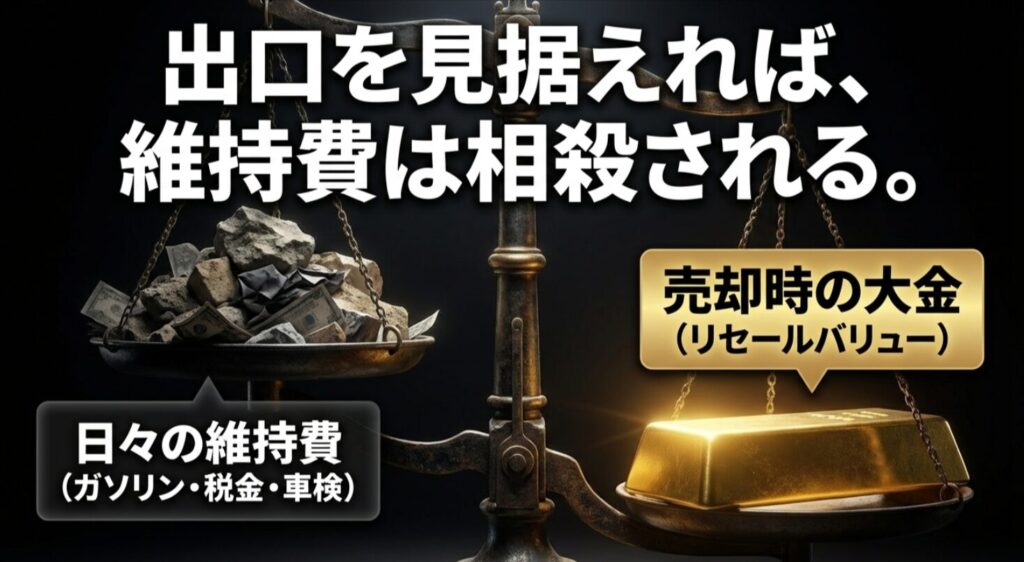 日々の維持費（ガソリン・税金等）を売却時の大金（リセール）で相殺する資産管理のイメージ図