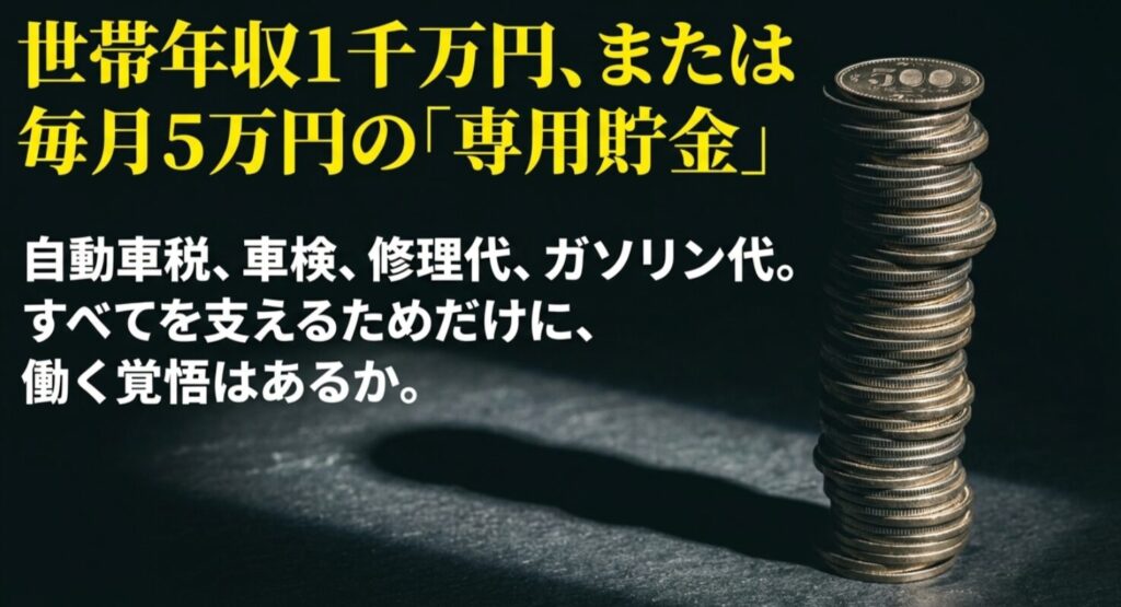 税金や修理代を支えるために必要な世帯年収1000万円や毎月5万円の専用貯金の覚悟を問うスライド