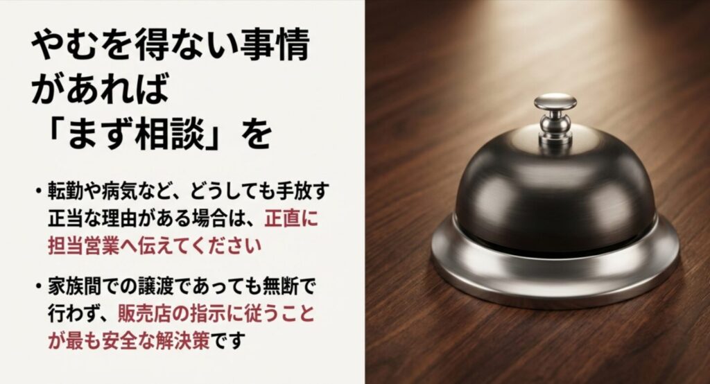 転勤や病気など正当な理由で手放す際の正直な相談と販売店の指示に従う安全な解決策 