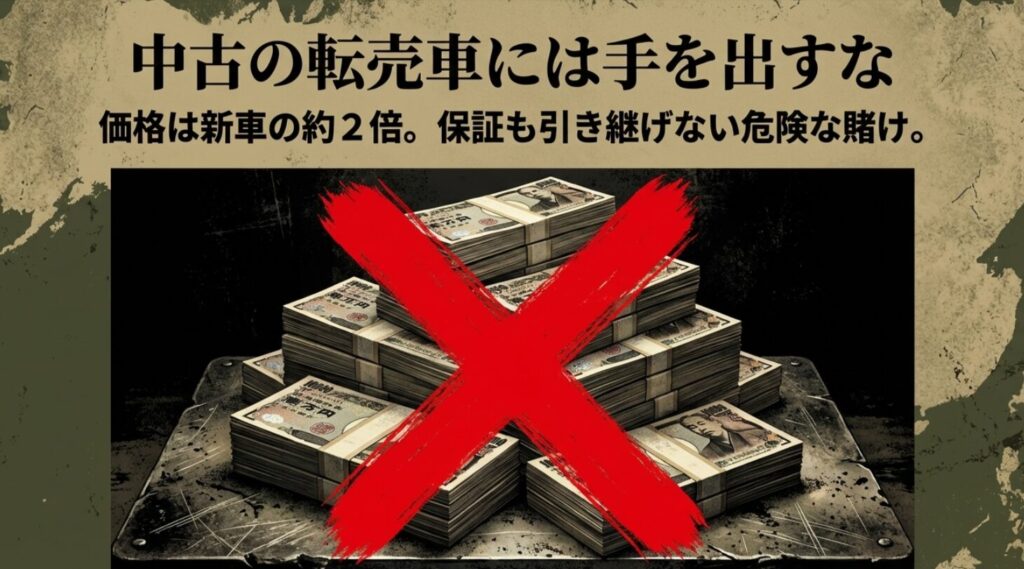 新車価格の約2倍に高騰している中古転売車の購入は、保証面でも危険であることを警告する画像