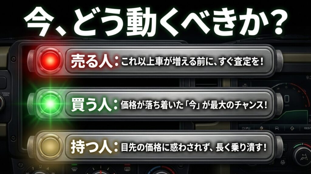 売却検討者は即査定、購入検討者は今がチャンス、所有者は長く乗ることを推奨する行動ガイドスライド
