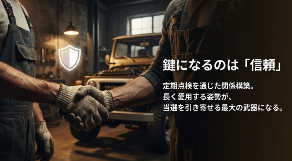 定期点検を通じた関係構築が、新型ランクルの当選確率を上げる鍵であることを解説。