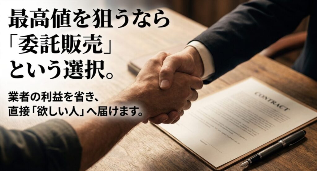 業者の利益を省き、直接欲しい人へ届けることで最高値を狙う委託販売のメリットを解説した画像
