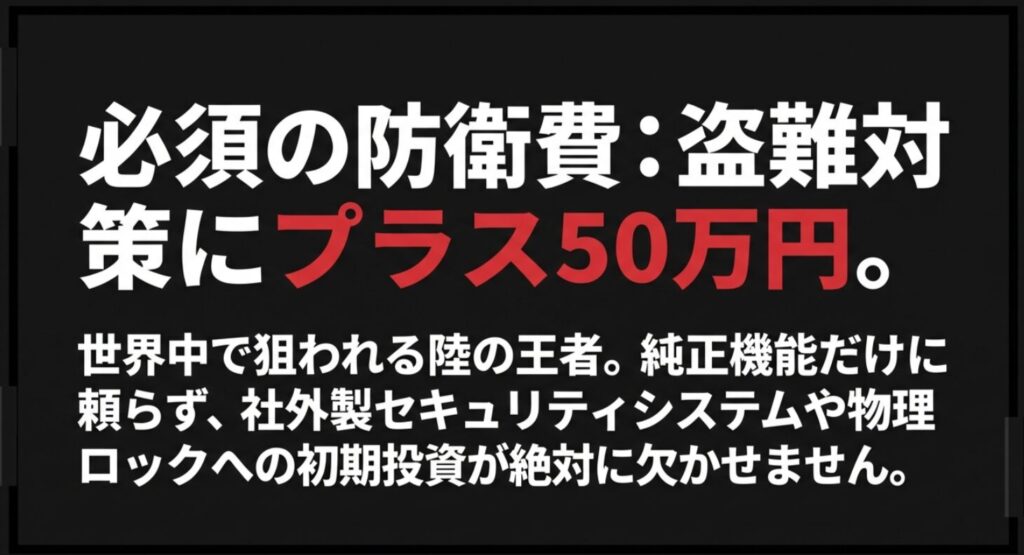 盗難対策にプラス50万円の初期投資が絶対に欠かせないことを強調する防衛策解説スライド