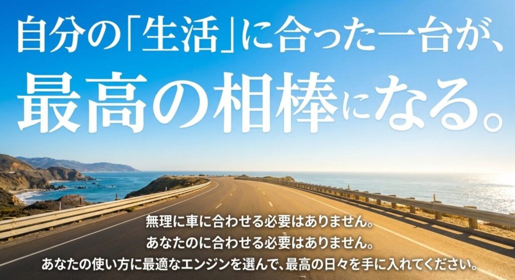 自分の使い方に最適なエンジンを選ぶことが最高のカーライフに繋がるという結びのスライド