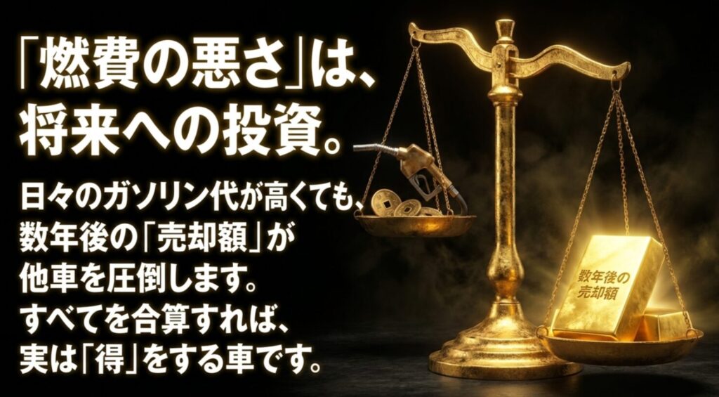 プラドの燃費の悪さは将来への投資であり、数年後の売却額が他車を圧倒するため、合算すれば得をすることを解説したスライド