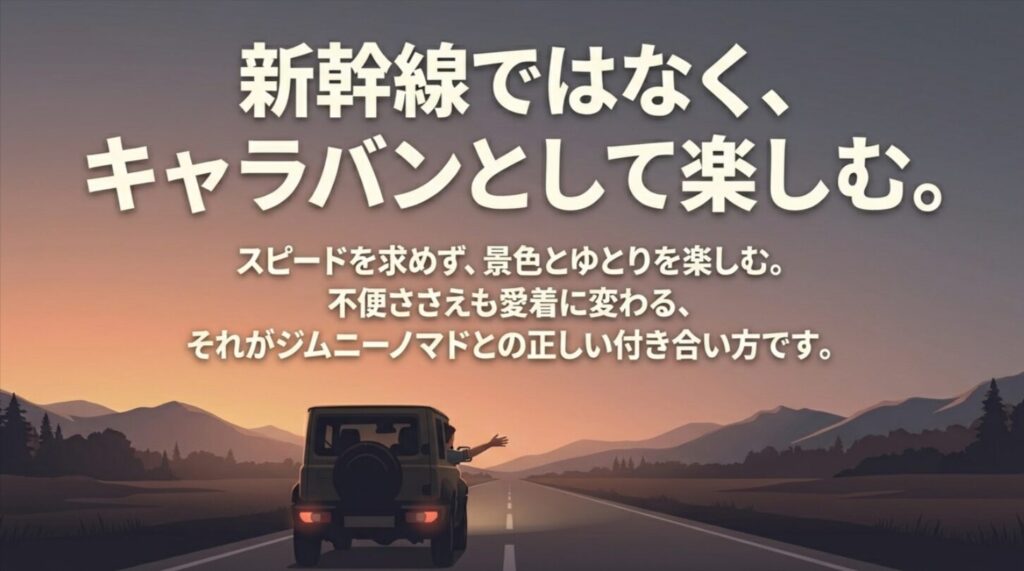 スピードよりも景色とゆとりを楽しみ、ジムニーノマドへの愛着を深めるためのマインドセット。