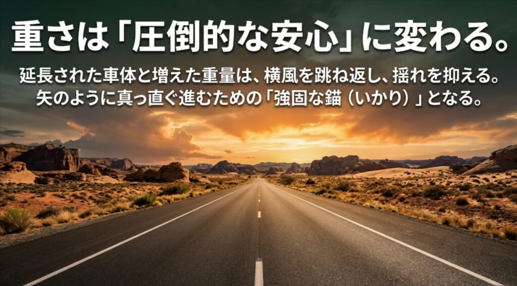 重くなった車体と長いホイールベースが、横風を跳ね返し揺れを抑える「錨（いかり）」として機能するメリット 。