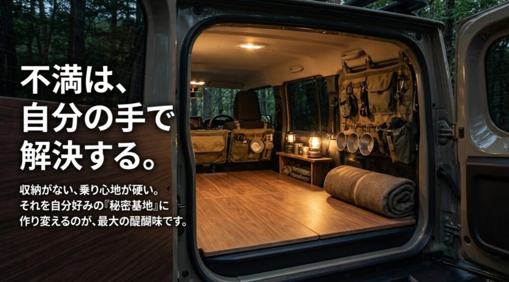 不満を自分の手で解決し、ジムニーノマドを理想の秘密基地へ作り変える楽しみを伝えるスライド。