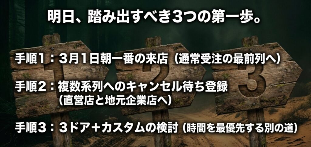 3月1日の来店、複数系列への登録、3ドアカスタムの検討という3つの手順と繰り上げ当選への警戒をまとめたスライド 。