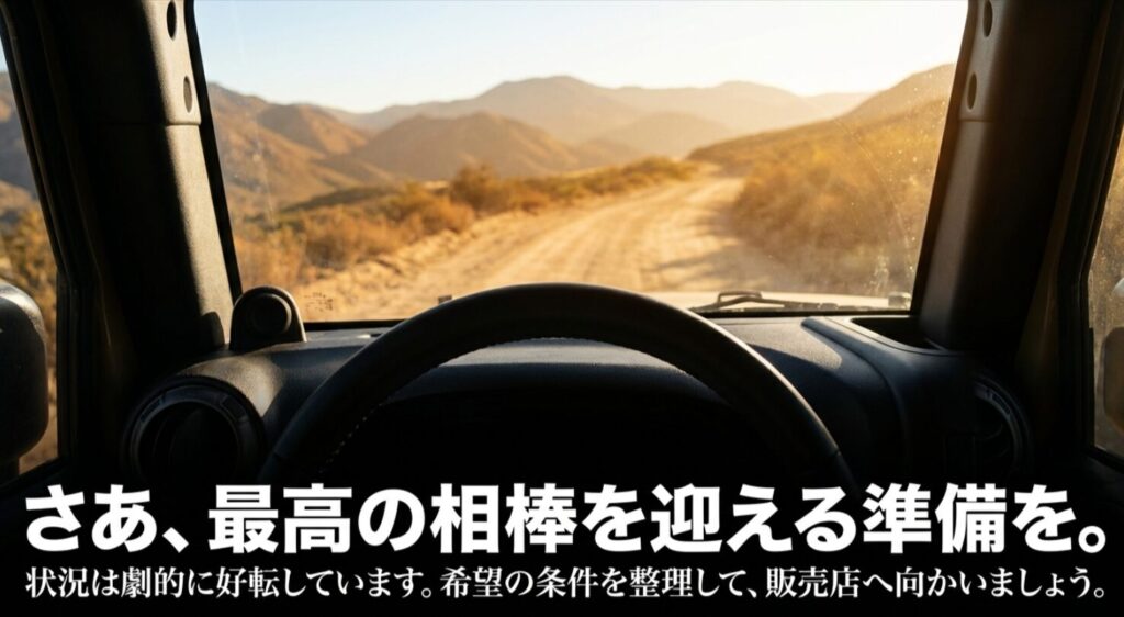 状況は好転中、最高の相棒を迎える準備をして販売店へ向かおうと促すまとめのスライド画像